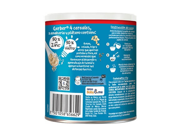 Gerber® Cereal infantil, 4 cereales con zanahoria y plátano, 7 meses