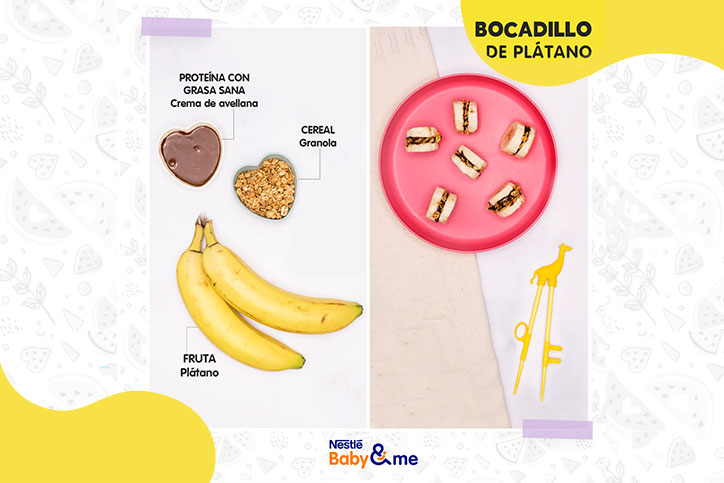 Refrigerio saludable para pequeños es el bocadillo de plátano con granola y crema de avellana