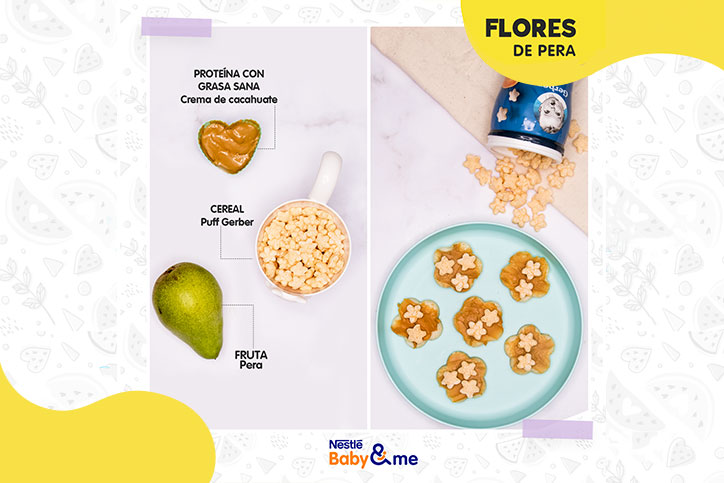 Refrigerio de Flores de pera con crema de cacahuate y Puff Gerber