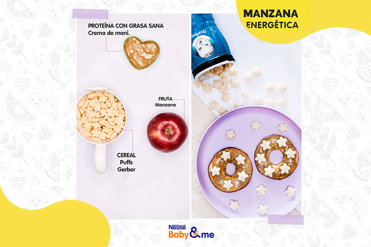 Ideas de ancks para bebes con manzana energética, crema de maní y cereal