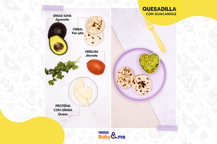 Quesadilla con guacamole, pan pita, jitomate y queso