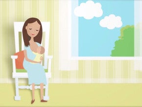 Ilustración de mamá sentada, cargando a su bebé y dándole de mamar