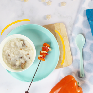 plato con crema de champiñones para bebé acompañado de Gerber Puffs plato con crema de champiñones para bebé acompañado de Gerber Puffs