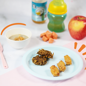 plato con croquetas de camote vasito para bebe con jugo y manzana plato con croquetas de camote vasito para bebe con jugo y manzana