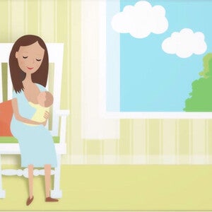 Ilustración de mamá sentada, cargando a su bebé y dándole de mamar