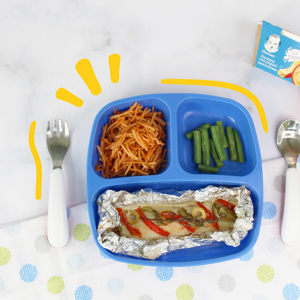 plato con pescado horneado, vegetales y yogurt Gerber plato con pescado horneado, vegetales y yogurt Gerber