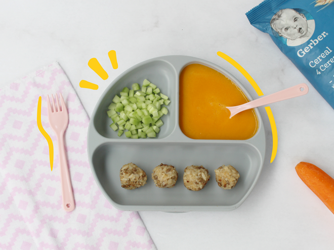 plato con bolitas de arroz pure de zanahoria cereal Gerber plato con bolitas de arroz pure de zanahoria cereal Gerber