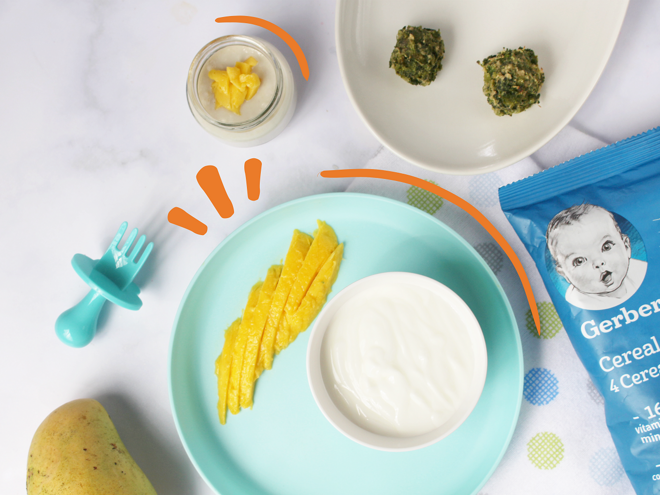 plato con 2 bolitas de brocoli con queso y otras comidas para bebes plato con 2 bolitas de brocoli con queso y otras comidas para bebes