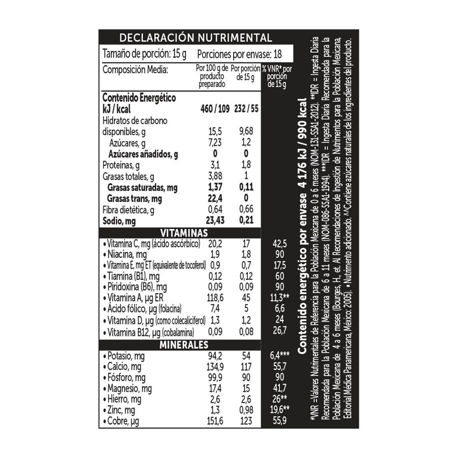 Cereal seco para lactantes de trigo con manzana, adicionado con vitaminas y minerales.