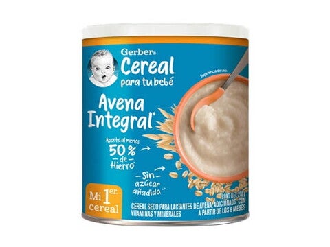 Cereal seco para lactantes de trigo con manzana, adicionado con vitaminas y minerales. A partir de los 10 meses.